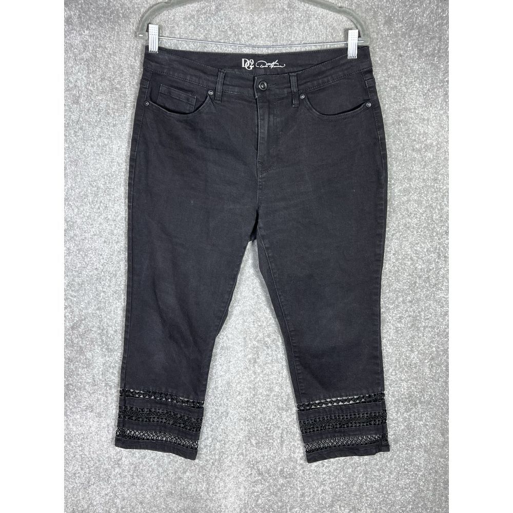 DG2 Diane‎ Gilman Cropped Jeans Womens Sz 12P Black Stretch Crochet Stripe Hems